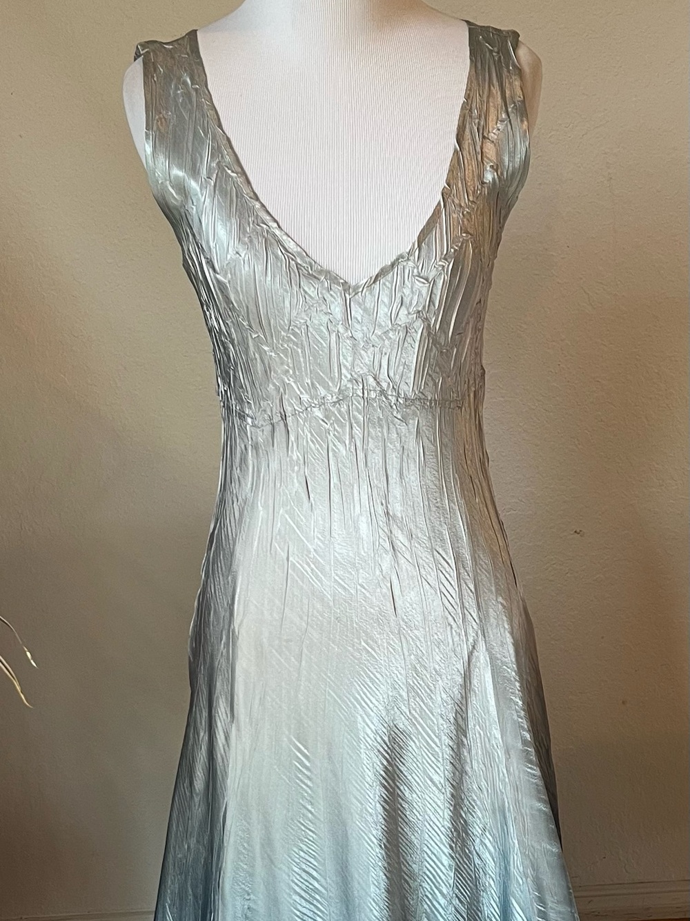 Komarov Ombré Dress Maxi Silver Green Metallic Lace Crinkle S